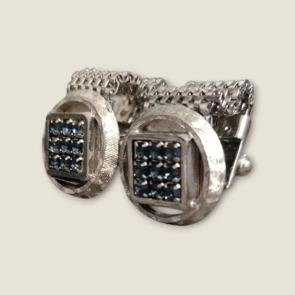 Vintage Silver Cuff Links & Tie Tack Set With Blue Rhinestones